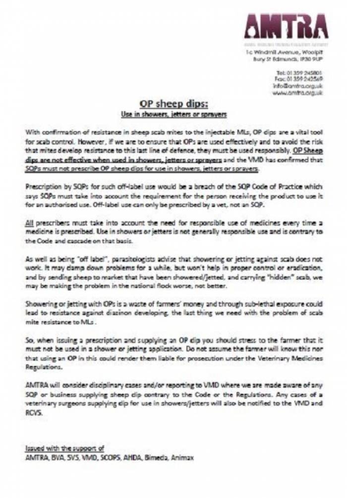 AMTRA has warned prescribers that they face  disciplinary action and/or being reported to VMD if they prescribe OP to anyone using it through a jetter or shower.